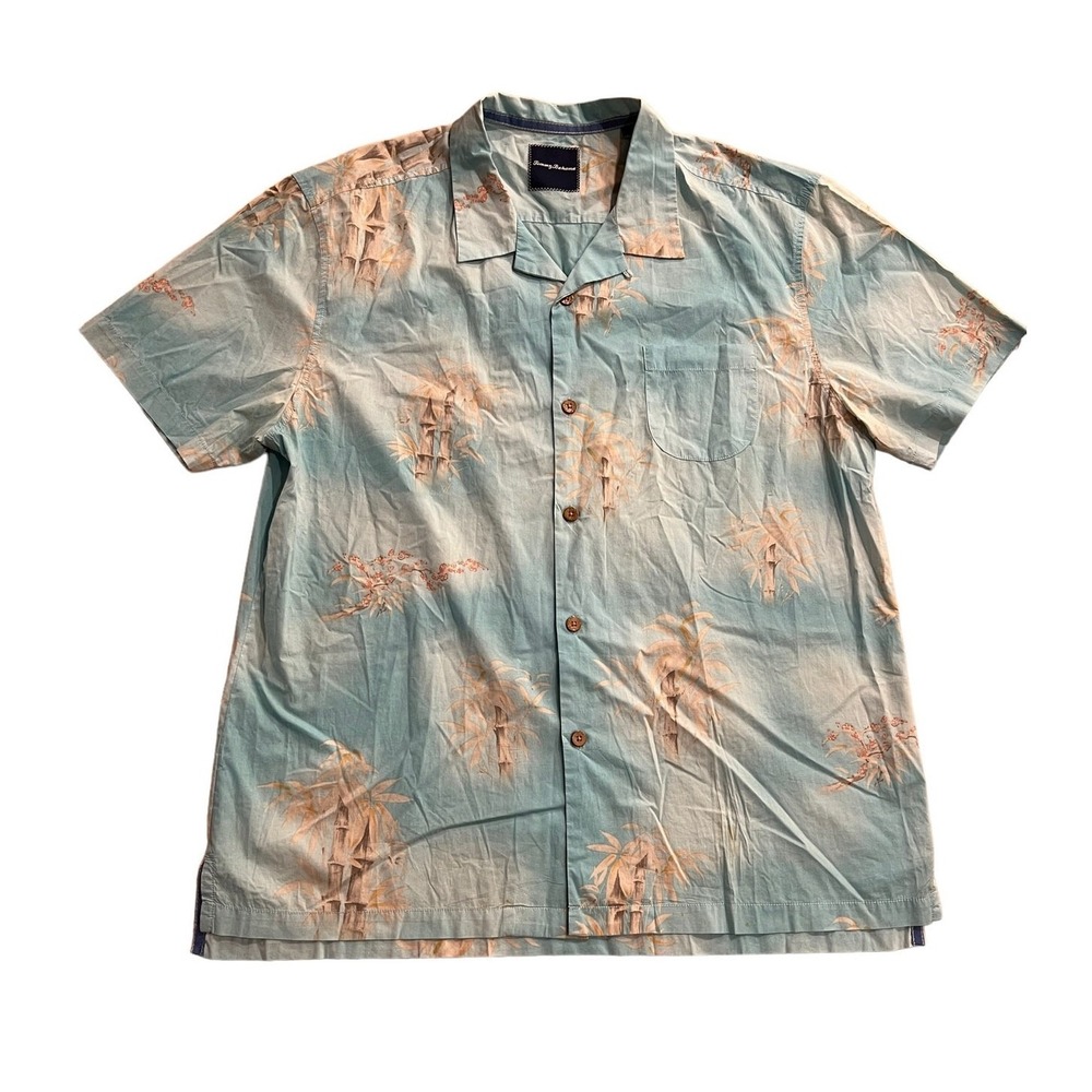 Tommy Bahama Camp Shirt Men XL Blue Bamboo Palm Tropical Island Coastal Vacation